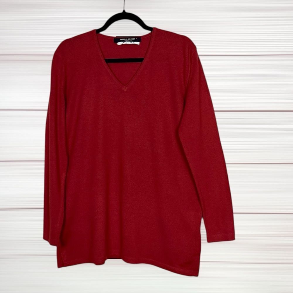 Marina Rinaldi Red Sweater Pullover Wool Blend V-neck Side Slits US 12-14